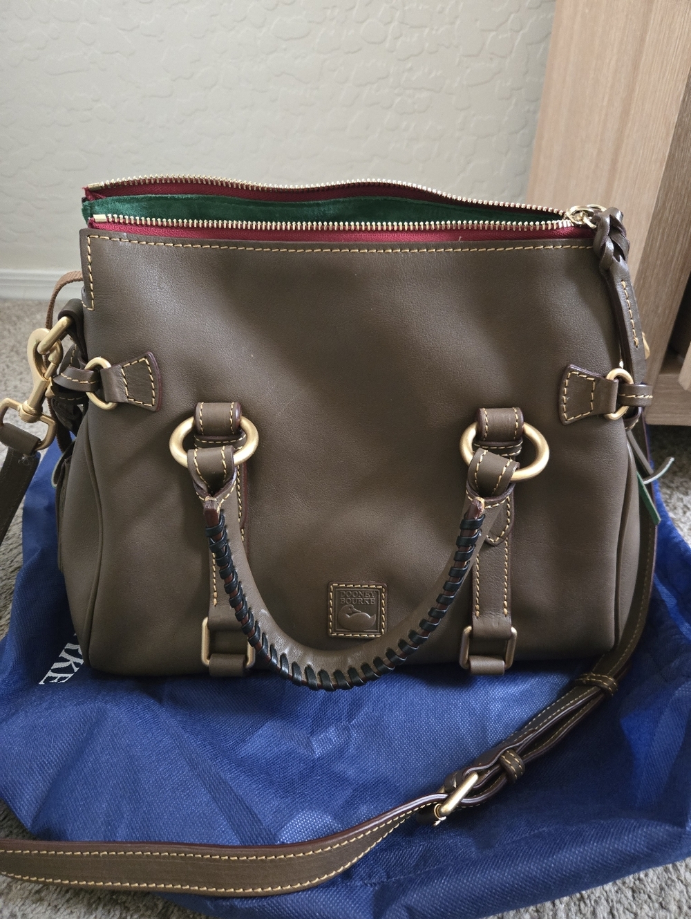 Dooney & Bourke Brown Leather Satchel with Green & Red Trim